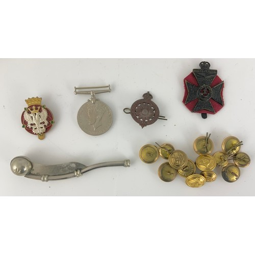 85 - MILITARIA INC BOSUN’S WHISTLE, BADGES , TUNIC BUTTONS, MEDALS ETC