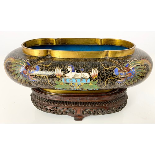 93 - CLOISONNÉ BOWL, OVERALL, APPROX 24 CM LONG, 13 CM WIDE AND X 7 CM TALL, OFF BASE. HAS THE TRADITIONA... 