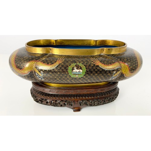 93 - CLOISONNÉ BOWL, OVERALL, APPROX 24 CM LONG, 13 CM WIDE AND X 7 CM TALL, OFF BASE. HAS THE TRADITIONA... 