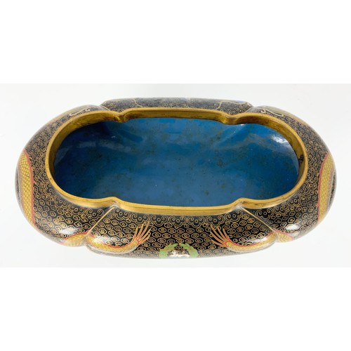 93 - CLOISONNÉ BOWL, OVERALL, APPROX 24 CM LONG, 13 CM WIDE AND X 7 CM TALL, OFF BASE. HAS THE TRADITIONA... 