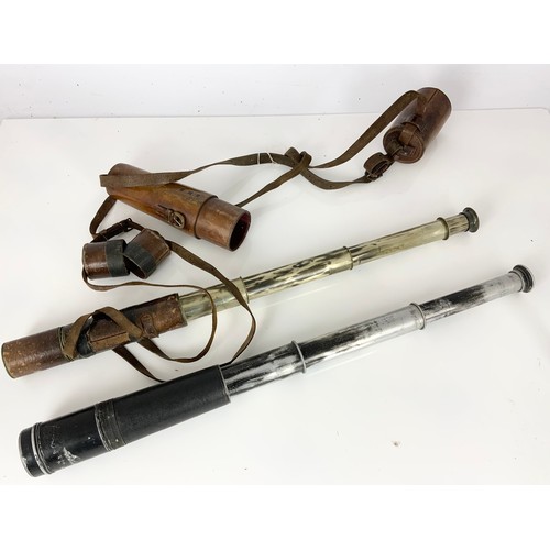 71 - 2, WWII ERA TELESCOPES, STEWARD 4 DRAWER BRASS AND LEATHER AND ROSS LONDON 3 DRAWER WITH LEATHER CAS... 