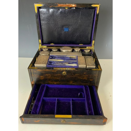 103 - GOOD QUALITY ANTIQUE COROMANDEL WITH BRASS INLAY DRESSING TABLE BOX / VANITY CASE  WITH TOULMIN & GA... 