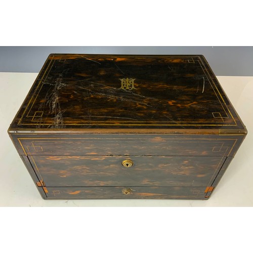 103 - GOOD QUALITY ANTIQUE COROMANDEL WITH BRASS INLAY DRESSING TABLE BOX / VANITY CASE  WITH TOULMIN & GA... 