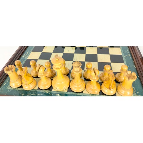 108 - JAQUES & SON STAUNTON CHESS-MEN BOXWOOD AND EBONY  WEIGHTED CHESS SET, HEIGHT OF KING 9CM, IN ORIGIN... 