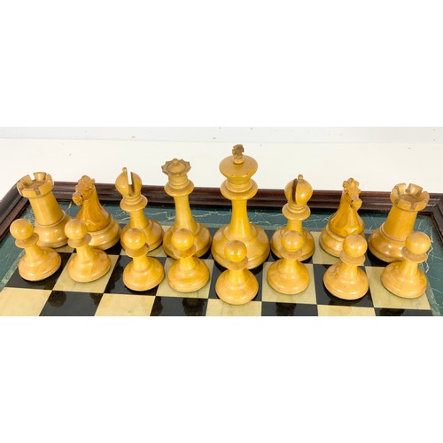 108 - JAQUES & SON STAUNTON CHESS-MEN BOXWOOD AND EBONY  WEIGHTED CHESS SET, HEIGHT OF KING 9CM, IN ORIGIN... 