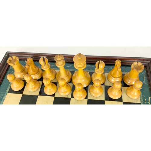 108 - JAQUES & SON STAUNTON CHESS-MEN BOXWOOD AND EBONY  WEIGHTED CHESS SET, HEIGHT OF KING 9CM, IN ORIGIN... 