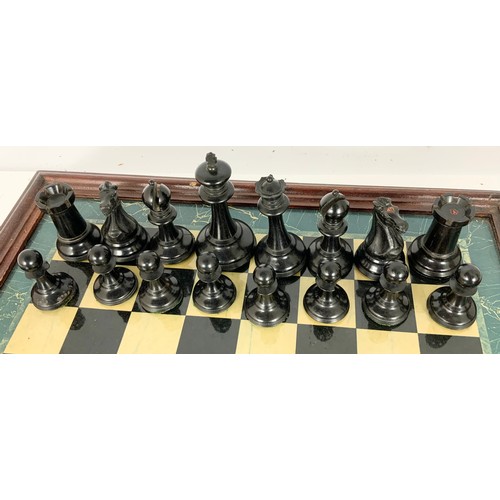 108 - JAQUES & SON STAUNTON CHESS-MEN BOXWOOD AND EBONY  WEIGHTED CHESS SET, HEIGHT OF KING 9CM, IN ORIGIN... 