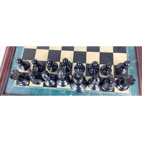 108 - JAQUES & SON STAUNTON CHESS-MEN BOXWOOD AND EBONY  WEIGHTED CHESS SET, HEIGHT OF KING 9CM, IN ORIGIN... 