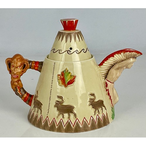 52 - A RARE CLARICE CLIFF NOVELTY TEEPEE TEAPOT, THE BASE MARKED WITH FACTORY STAMP AND GREETINGS FROM CA... 