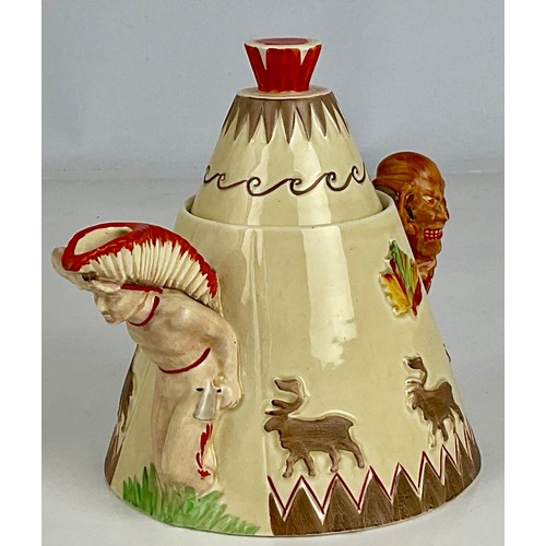 52 - A RARE CLARICE CLIFF NOVELTY TEEPEE TEAPOT, THE BASE MARKED WITH FACTORY STAMP AND GREETINGS FROM CA... 