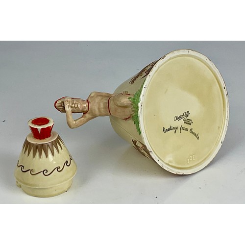 52 - A RARE CLARICE CLIFF NOVELTY TEEPEE TEAPOT, THE BASE MARKED WITH FACTORY STAMP AND GREETINGS FROM CA... 