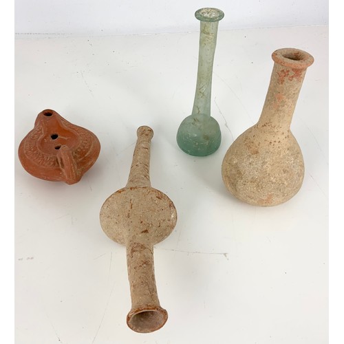 140 - ANCIENT ARTEFACTS INC ROMAM LAMP, ROMAN GLASS VASE ,2 SHABTI, METAL  HORSEMAN (BRONZE?) ETC.