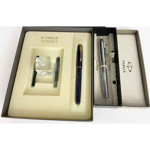 130 - BOXED PARKER BLUE LACQUERED SONNET PEN SET AND ONE OTHER BOXED PARKER FOUNTAIN PEN