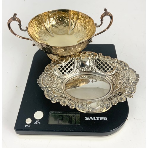 222 - SILVER LIMITED EDITION SILVER JUBILEE BOWL WITH 2 SCROLL HANDLES & PIERCED AND EMBOSSED SILVER DISH ... 