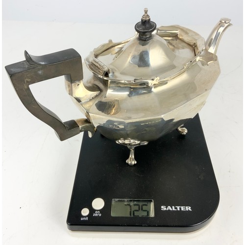 349 - HALLMARKED LONDON 1904 MAKERS MARKED RUBBED SILVER TEAPOT  ON 4 SCROLL FEET 725g GROSS