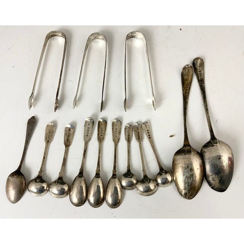 254 - QUANTITY OF MIXED HALLMARKED SILVER CUTLERY INC SUGAR TONGS, SERVING SPOONS, CONDIMENT SPOONS ETC  3... 