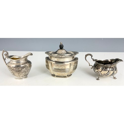 342 - HALLMARKED SILVER TEA CADDY / SUGAR BOX & 2 HALLMARKED SILVER CREAM JUGS 326g GROSS