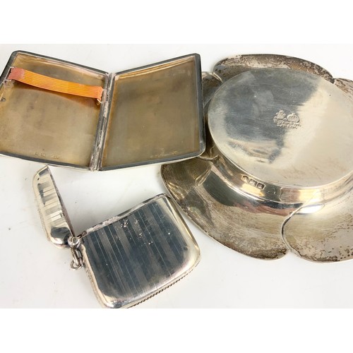 185 - HALLMARKED SILVER DISH , CIGARETTE CASE & VESTA CASE  236g