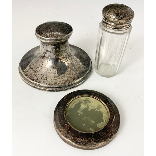 318 - HALLMARKED SILVER PLANNISHED FLASK , INKWELL SMALL PHOTO FRAME & TOPPED BOTTLE/ JAR