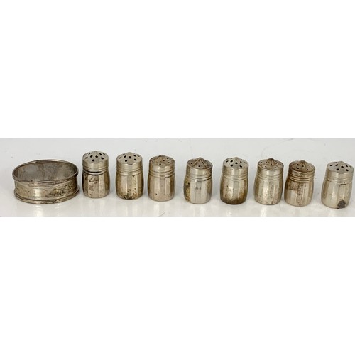 148 - SET OF 8 PEPPERS MARKED STERLING AND A SILVER SERVIETTE RING