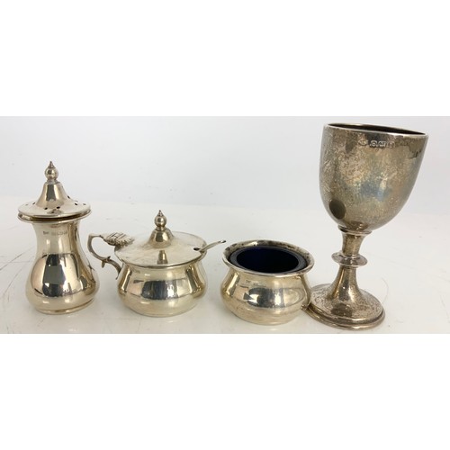 174 - HALLMARKED SILVER 3 PIECE CONDIMENT SET & A SILVER EGG CUP 120g SILVER