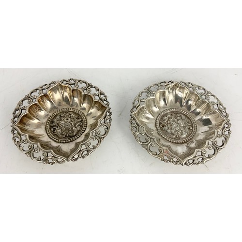 223 - HALLMARKED SILVER INC PAIR OF PIERCED DISHES ,  A GOOD QUALITY VASE WITH INSCRIPTION &  A SMALL BUD ... 