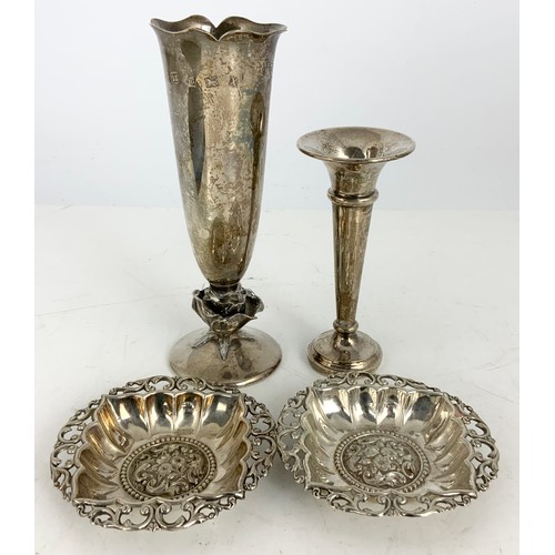 223 - HALLMARKED SILVER INC PAIR OF PIERCED DISHES ,  A GOOD QUALITY VASE WITH INSCRIPTION &  A SMALL BUD ... 