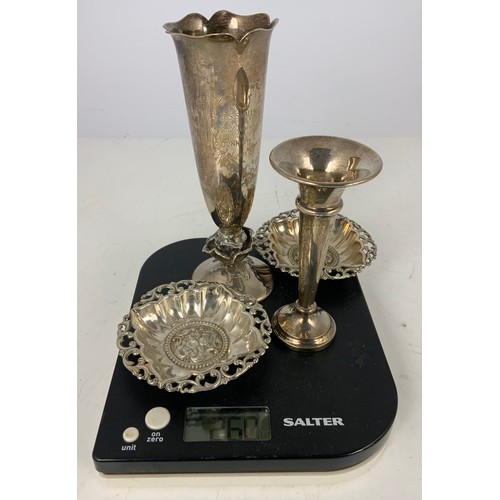 223 - HALLMARKED SILVER INC PAIR OF PIERCED DISHES ,  A GOOD QUALITY VASE WITH INSCRIPTION &  A SMALL BUD ... 