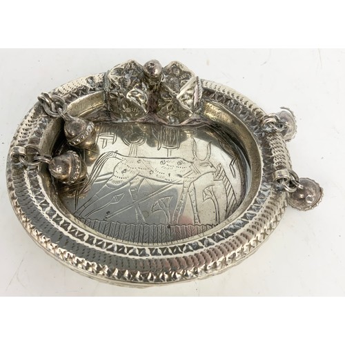 220 - UNUSUAL PRIMITIVE WHITE METAL/SILVER DISH , TODDIE LADLE WITH A 1727 COIN, HALLMARKED SILVER BACKED ... 