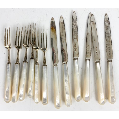 207 - CASED SET OF HALLMARKED MAPPIN & WEBB LONDON 1937 SILVER DESSERT KNIVES & FORKS WITH MOTHER OF PEARL... 