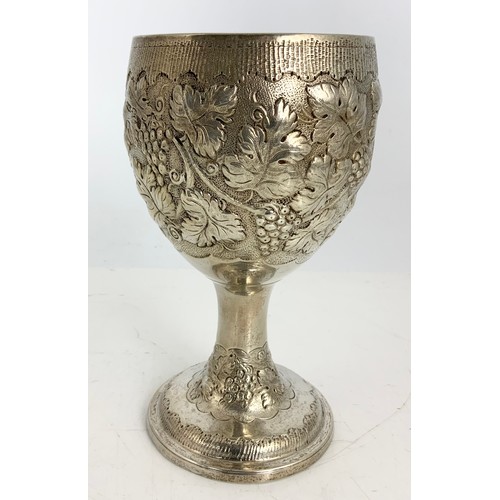 327 - HALLMARKED DUBLIN IRISH SILVER GOBLET WITH EMBOSSED GRAPE & VINE  DECORATION WITH A GILT INNER MARKS... 