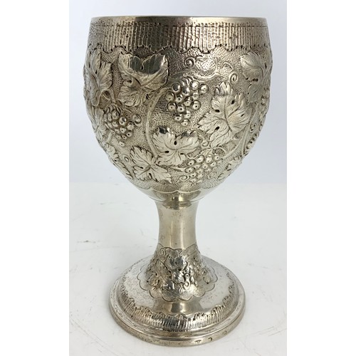 327 - HALLMARKED DUBLIN IRISH SILVER GOBLET WITH EMBOSSED GRAPE & VINE  DECORATION WITH A GILT INNER MARKS... 