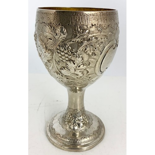 327 - HALLMARKED DUBLIN IRISH SILVER GOBLET WITH EMBOSSED GRAPE & VINE  DECORATION WITH A GILT INNER MARKS... 