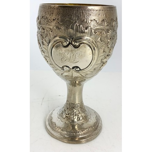 327 - HALLMARKED DUBLIN IRISH SILVER GOBLET WITH EMBOSSED GRAPE & VINE  DECORATION WITH A GILT INNER MARKS... 