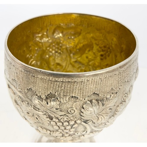 327 - HALLMARKED DUBLIN IRISH SILVER GOBLET WITH EMBOSSED GRAPE & VINE  DECORATION WITH A GILT INNER MARKS... 