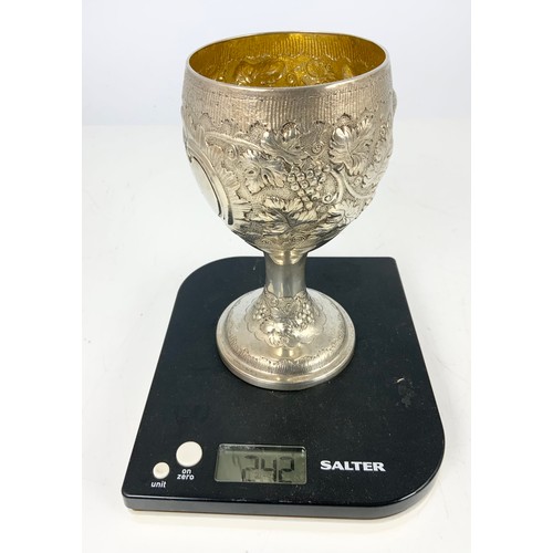 327 - HALLMARKED DUBLIN IRISH SILVER GOBLET WITH EMBOSSED GRAPE & VINE  DECORATION WITH A GILT INNER MARKS... 