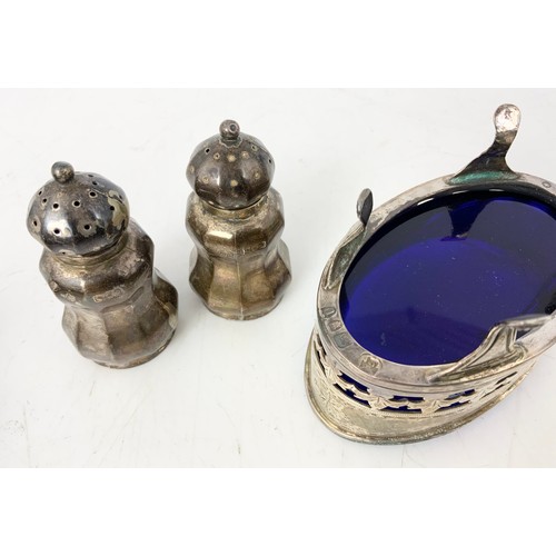 161 - HALLMARKED SILVER PIERCED SALT WITH BRISTOL BLUE GLASS LINER &  PAIR OF HALLMARKED SILVER PEPPERETTE... 