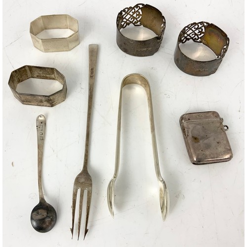 149 - MIXED HALLMARKED SILVER INC 4 SERVIETTE / NAPKIN RINGS , VESTA CASE , SUGAR TONGS ETC 208g