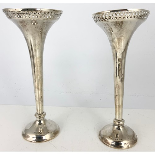 248 - PR. LOADED SILVER TRUMPET VASES WITH PIERCED RIMS, WALKER & HALL, APPROX. 23cm