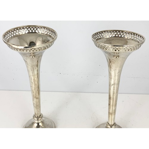 248 - PR. LOADED SILVER TRUMPET VASES WITH PIERCED RIMS, WALKER & HALL, APPROX. 23cm