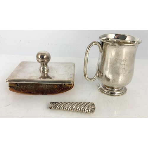 314 - SILVER CHRISTENING MUG, APPROX. 81g, SILVER BACK DESK BLOTTER AND SILVER HANDLE FOR LETTER KNIFE