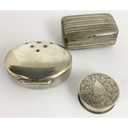 241 - OVAL SHAPED SNUFF MARKED 930, RECTANGULAR SNUFF/VINAIGRETTE AND A SILVER PATCH POT