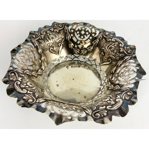 217 - HALLMARKED SILVER HEART SHAPED BOX WITH EMBOSSED FLORAL DECORATION AND A SILVER BON BON DISH WITH PI... 