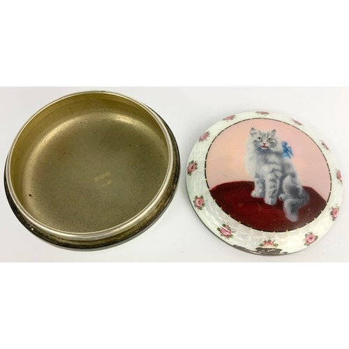 311 - CONTINENTAL SILVER & GUILLOCHE ENAMEL  BOX DECORATED WITH A CAT ON A CUSHION WITH LONDON IMPORT MARK... 