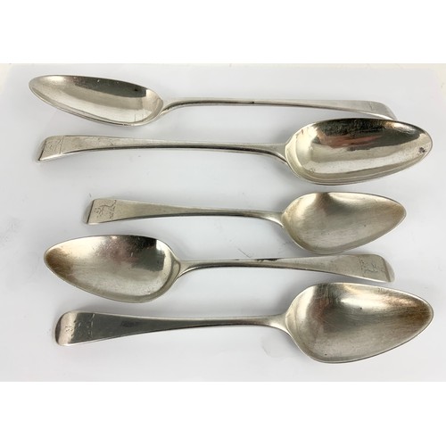 257 - HALLMARKED RICHARD CROSSLEY LONDON GEORGIAN SILVER CUTLERY 2 SERVING SPOONS  & 3 DINNER SPOONS 238g