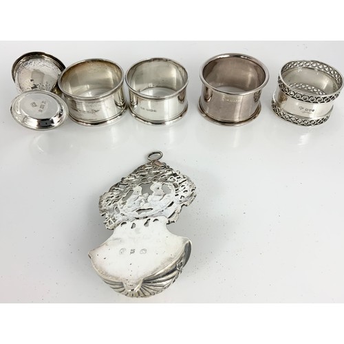 150 - MISC. SILVER INCLUDING FOUR SILVER SERVIETTE RINGS, A SILVER PEPPERETTE AND A CONTINENTAL SILVER WAL... 