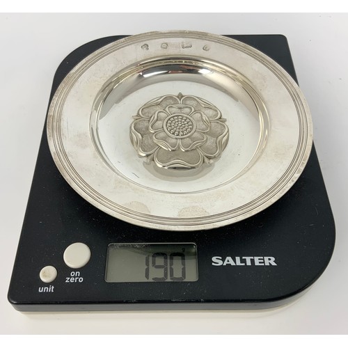 215 - SILVER DISH WITH EMBOSSED TUDOR ROSE DECORATION, APPROX. 190g