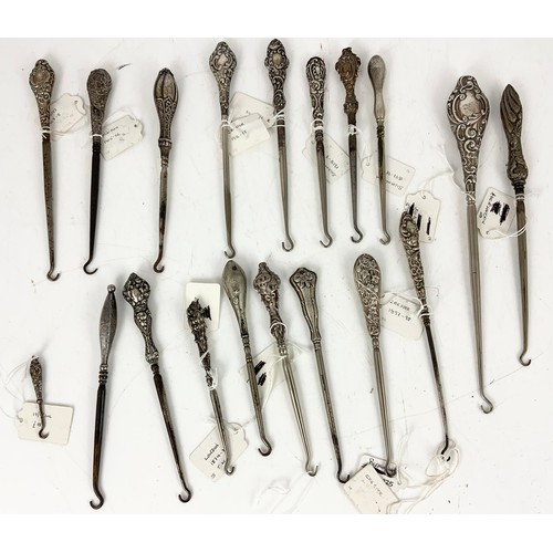 290 - COLLECTION OF 19 BUTTON HOOKS WITH SILVER HANDLES WITH VARIOUS DATES & SILVERSMITHS