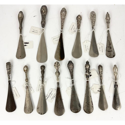 291 - COLLECTION OF 14 SHOE HORNS WITH HALLMARKED SILVER HANDLES VARIOUS DATES & SILVERSMITHS