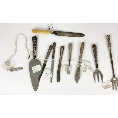 278 - KNIVES & FORKS WITH SILVER HANDLES, SILVER FRUIT KNIFE AND KNIFE WITH A SILVER COLLAR